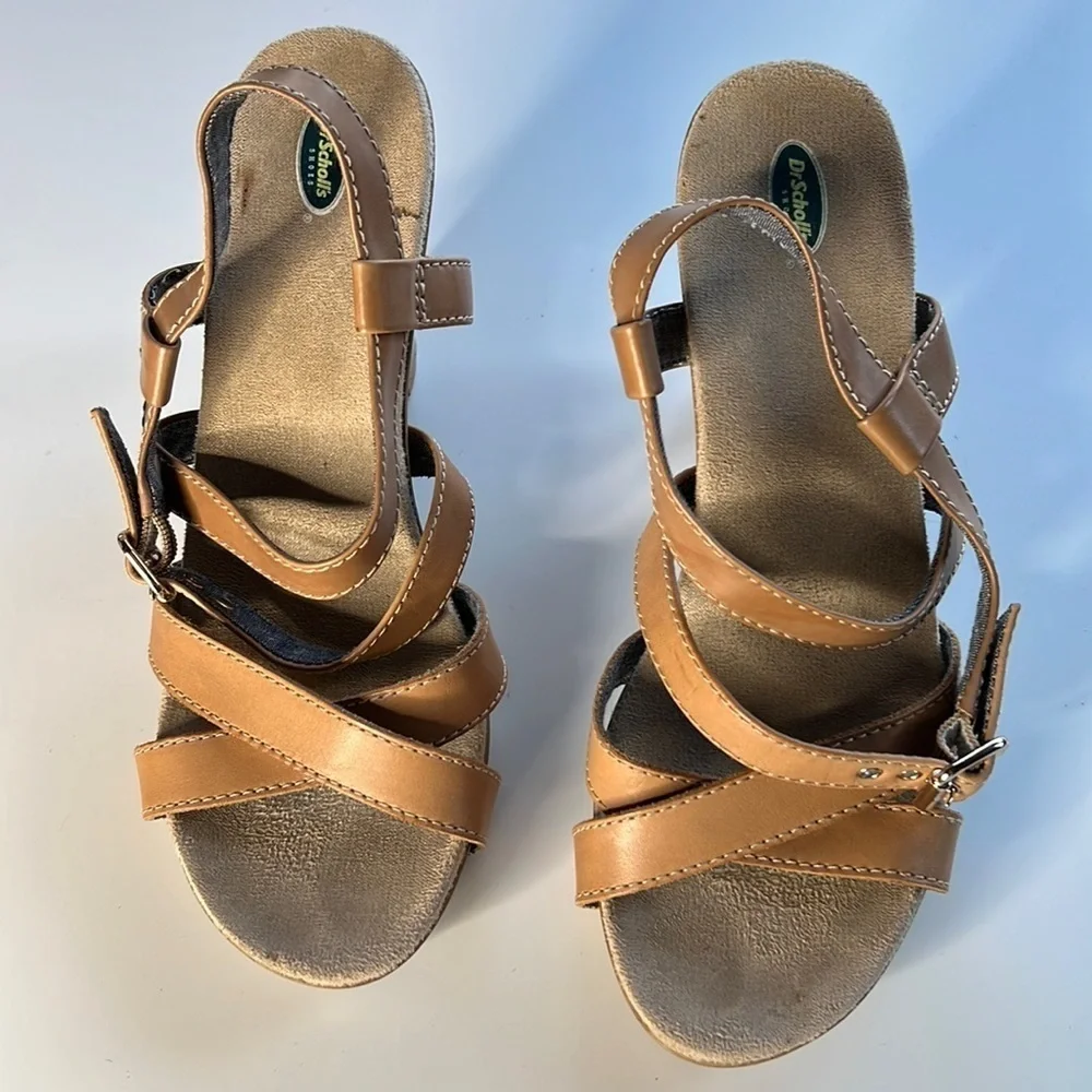 Dr. Scholl’s Band Platform Sandals Tan Leather Strappy Wooden Heel Size 10